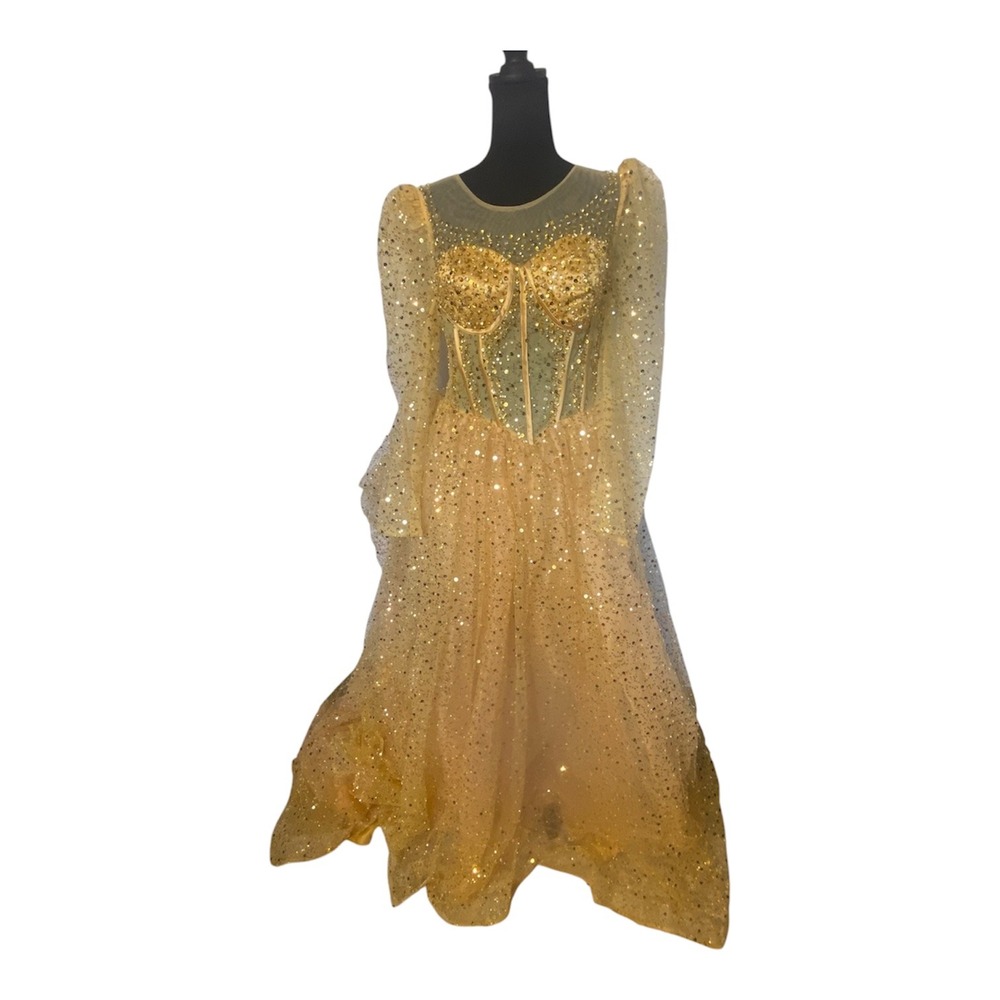 Ryanth Gold Sequin Formal Ball Gown Corset Back Puffy Sleeve Prom Dress NEW